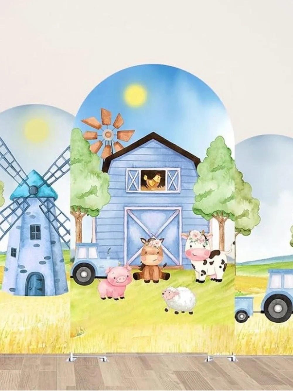 Farm Animal Playroom Backdrop - Blue Barn Kids Toy Scene
